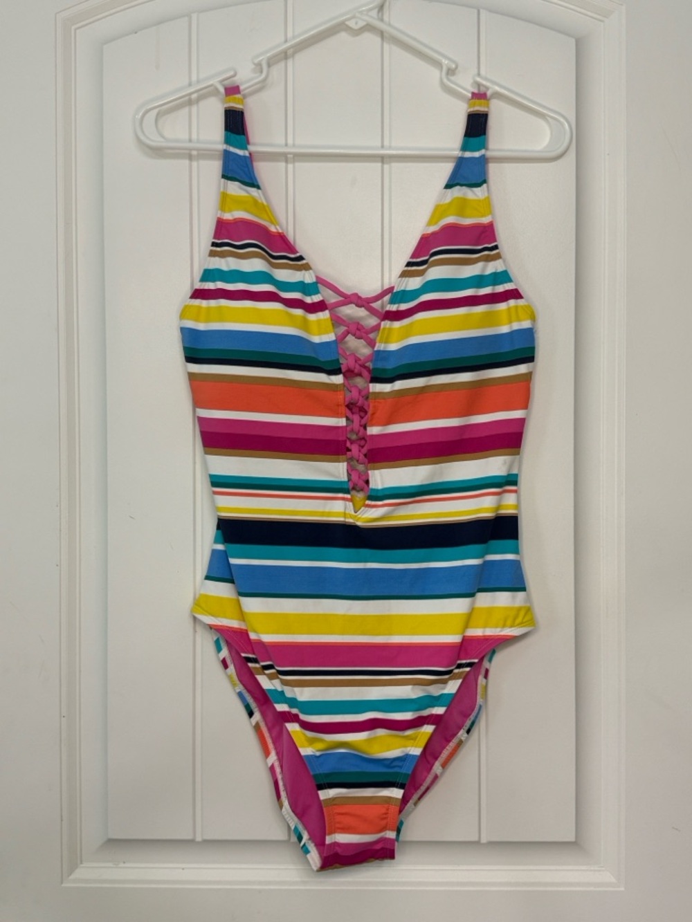 Bleu Rod Beattie Striped Lace-Up One Piece Swimsuit Multi-Color Size 8 Deep V